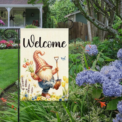 Gnome Spring Garden Flags for Outside,Welcome Spring Garden Flag Yard Lawn Porch Flags for Outdoor Decorations 12x18 Inch Double Sided