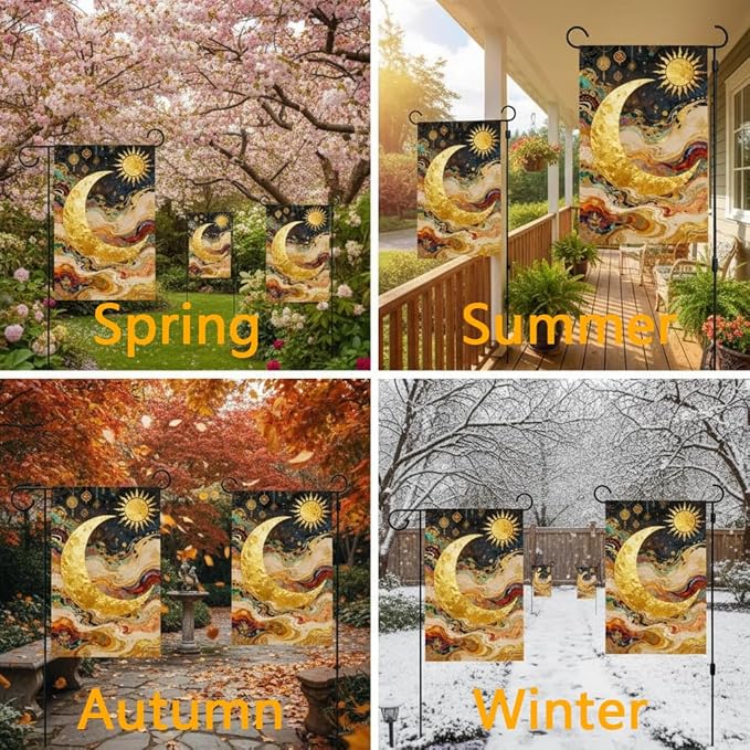 Sun and Moon Garden Flag for Outdoor Decor, Double Sided Seasonal Yard Flag with Golden Celestial Design, 12x18 Inch, Pole Not Included