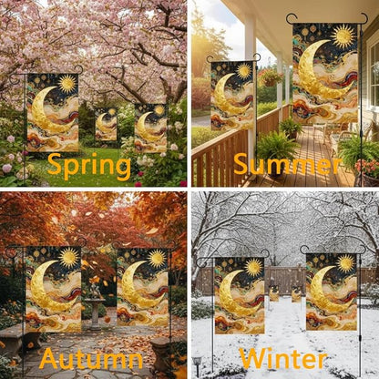 Sun and Moon Garden Flag for Outdoor Decor, Double Sided Seasonal Yard Flag with Golden Celestial Design, 12x18 Inch, Pole Not Included