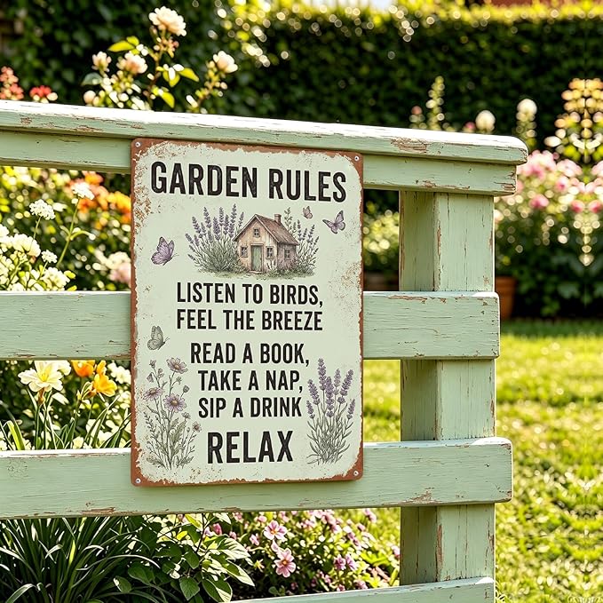 Vintage Metal Garden Sign, Garden Rules Wall Decor for Home Patio Yard, Gardening Gifts for Women, 8 x 12 Inches