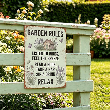 Vintage Metal Garden Sign, Garden Rules Wall Decor for Home Patio Yard, Gardening Gifts for Women, 8 x 12 Inches