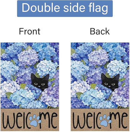 Louise Maelys Spring Summer Garden Flag Black Cat Hydrangea Flower Welcome Double Sided 28x40 Inch Floral Paw Print Seasonal Large Burlap Holiday Yard Outdoor Outside House Decor