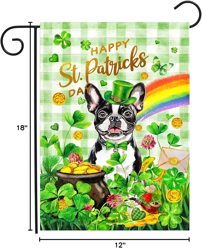 Boston Terrier St Patricks Day Garden Flag Dog St Patrick's Day Yard Flags for Outside 12x18 Double Sided Buffalo Plaid Shamrock Flag Small Outdoor Rainbow St Patrick's Decor