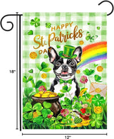 Boston Terrier St Patricks Day Garden Flag Dog St Patrick's Day Yard Flags for Outside 12x18 Double Sided Buffalo Plaid Shamrock Flag Small Outdoor Rainbow St Patrick's Decor
