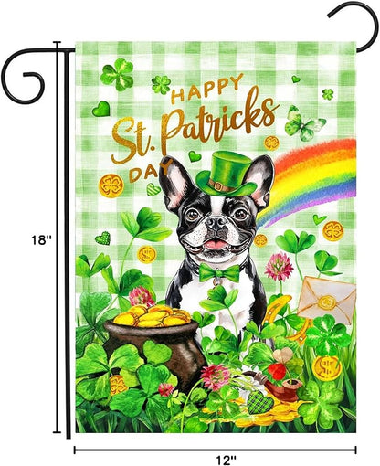 Boston Terrier St Patricks Day Garden Flag Dog St Patrick's Day Yard Flags for Outside 12x18 Double Sided Buffalo Plaid Shamrock Flag Small Outdoor Rainbow St Patrick's Decor