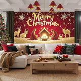 HOMETITUTE Christmas Garage Door Banner 13x6ft Holiday Decoration with Gold Figures Baby Jesus and Mary Red Background Snowflakes Deer Sheep Festive Outdoor Indoor Backdrop