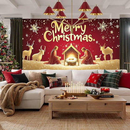HOMETITUTE Christmas Garage Door Banner 13x6ft Holiday Decoration with Gold Figures Baby Jesus and Mary Red Background Snowflakes Deer Sheep Festive Outdoor Indoor Backdrop