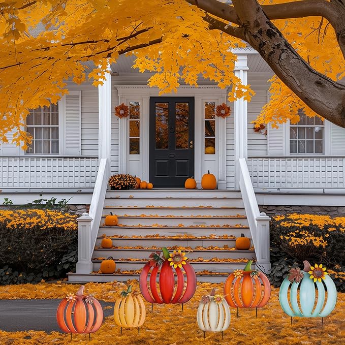 hogardeck Fall Decorations for Home Outdoor, 2 PCS 34" Decorative Garden Stakes with 6 Stacked Pumpkins for Fall Decor, Metal Yard Signs for Garden Home Lawn Patio Thanksgiving