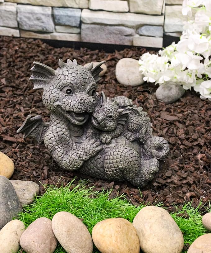 Ebros Garden Dragon Family Mommy and Me Time Statue 8" Long Cute Baby On Mother's Bosom Dragons Faux Stone Resin Finish Figurine Fantasy Home Decor