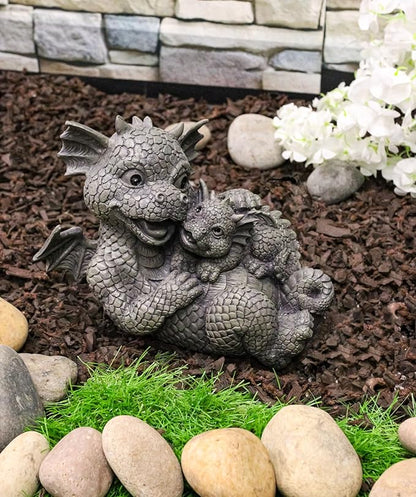 Ebros Garden Dragon Family Mommy and Me Time Statue 8" Long Cute Baby On Mother's Bosom Dragons Faux Stone Resin Finish Figurine Fantasy Home Decor