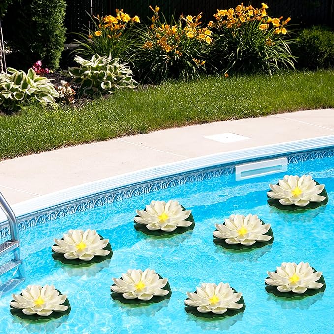 LACGO 24 PCS Water Activated Floating Lights - 6'' Waterproof Floating Lotus Light Battery Operated Artificial Floating Flowers for Pool Wedding Anniversary Garden Decoration(6 Inch, White)