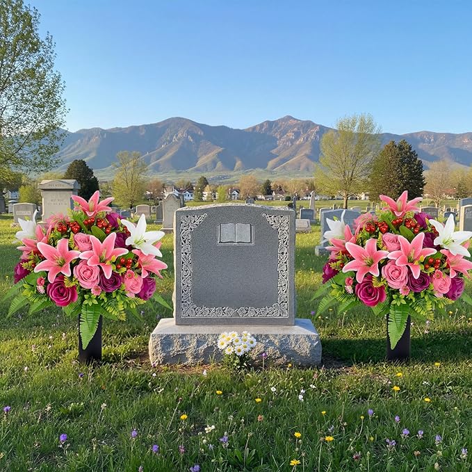 Frienda 2 Sets Cemetery Flowers Grave Stake Metal Floral Decor for Tombstone, Outdoor Gravesite Markers for Mom Dad, Memorial Day Spring Easter Grave Decor(Lily Rose,Pink,White)
