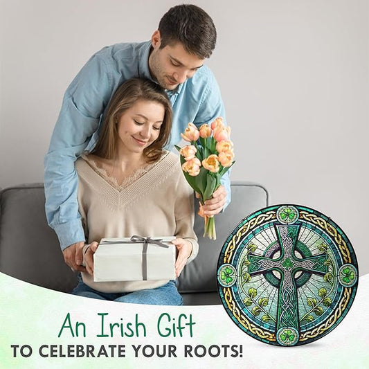 FLAGWIX St Patricks Day Decorations - Stained Glass Hanging Suncatcher 8 in - Birthday Irish Decorations, Irish Gifts for Women Men, Celtic Cross Home Decor