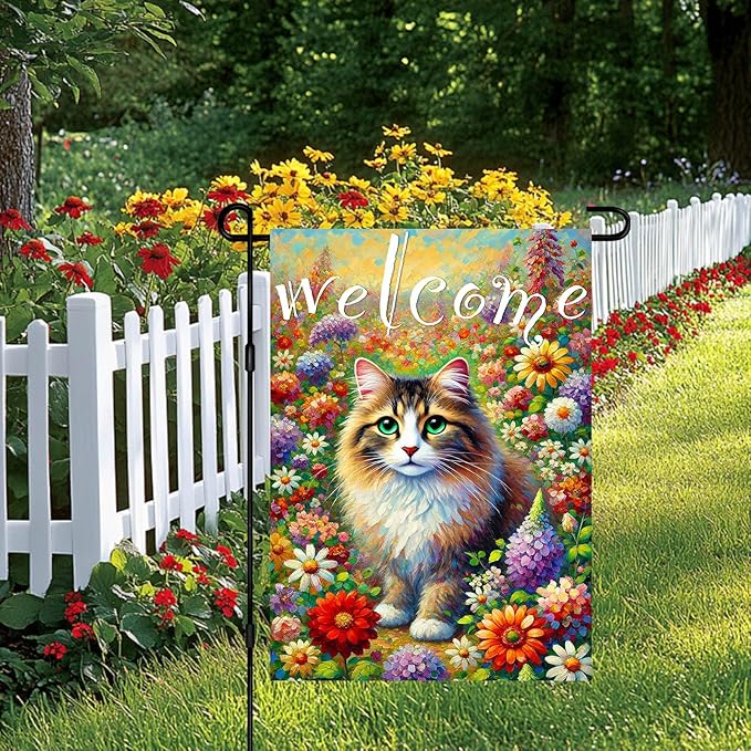 BlissYard Spring Welcome Cat Garden Flag Double Sided 12x18 Inch Tabby Cat Garden Flag Funny Floral Tulip Cats Flags Vertical Farmhouse Welcome Yard Spring Summer Seasonal Outdoor Porch Decor