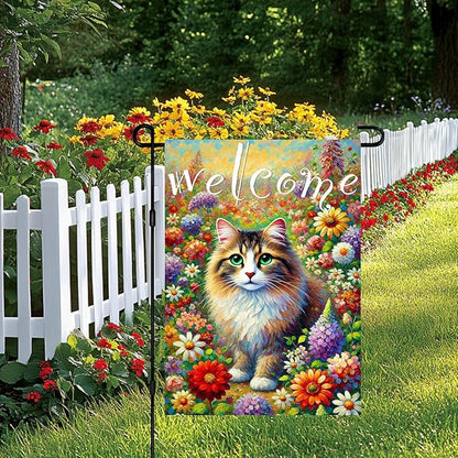 BlissYard Spring Welcome Cat Garden Flag Double Sided 12x18 Inch Tabby Cat Garden Flag Funny Floral Tulip Cats Flags Vertical Farmhouse Welcome Yard Spring Summer Seasonal Outdoor Porch Decor