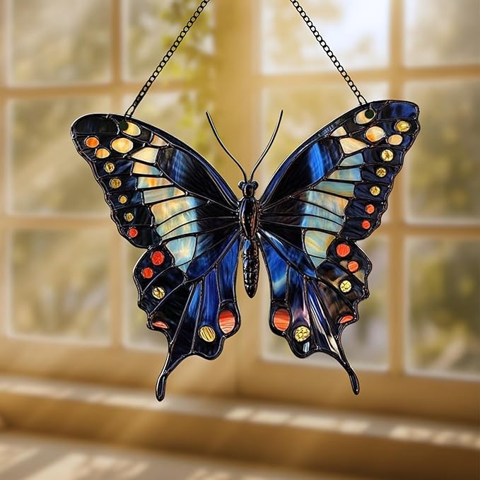 Midnight Butterfly Acrylic Suncatcher, Boho Suncatchers for Window Hangings, Stained Glass Effect Indoor Outdoor Garden Decor for Butterfly Lover, Gifts for Mother's Day, Mom, Grandma, Wife, Women