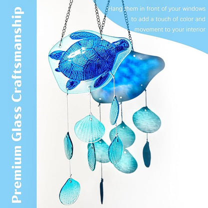 H&D HYALINE & DORA 20 Inch Glass Sea Turtle Wind Chimes Blown Glass Seashell Wind Chimes for Outside Handmade Wind Chime Decorative for Living Room, Bedroom, Beach House