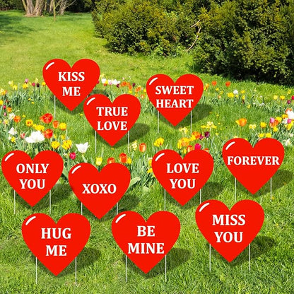 10-Piece Valentine Heart Yard Signs with Stakes Decorations – Assorted Red Heart Messages 12 Inches Large Outdoor Valentine Sweetheart Signs for Lawn, Garden, Driveway, and Romantic Party Décor