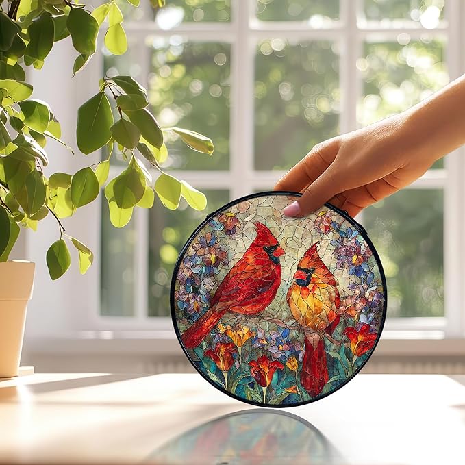 Cardinal Suncatchers Stained Glass Window Hanging, Cardinal Gifts for Women,Red Flower Sun Catchers Indoor Window Glass Round Wall Decor, 7.9x7.9in