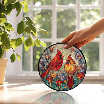 Cardinal Suncatchers Stained Glass Window Hanging, Cardinal Gifts for Women,Red Flower Sun Catchers Indoor Window Glass Round Wall Decor, 7.9x7.9in