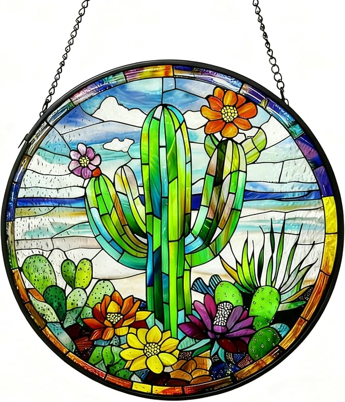 Stained Glass Window Hanging-Cactus Suncatcher Home Decor Ornament 7.9 in.Outdoor or Indoor, Garden,Living Room,Gifts for Women, Lovers, Couple, Friends