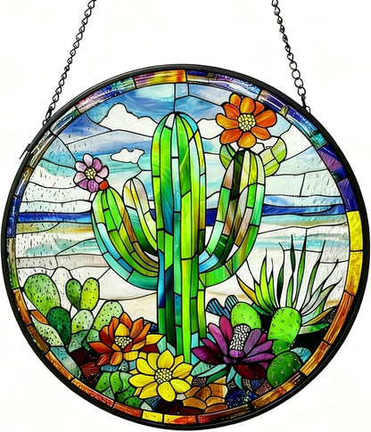 Stained Glass Window Hanging-Cactus Suncatcher Home Decor Ornament 7.9 in.Outdoor or Indoor, Garden,Living Room,Gifts for Women, Lovers, Couple, Friends
