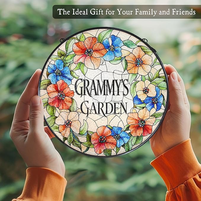 Grammy's Garden Floral Stained Glass Window Hanging Suncatcher for Grandma, Grammy Grandma Gifts Sun Catcher Wall Hanging Decoration for for Mothers Day Christmas Birthday, 7.8 x 7.8 in