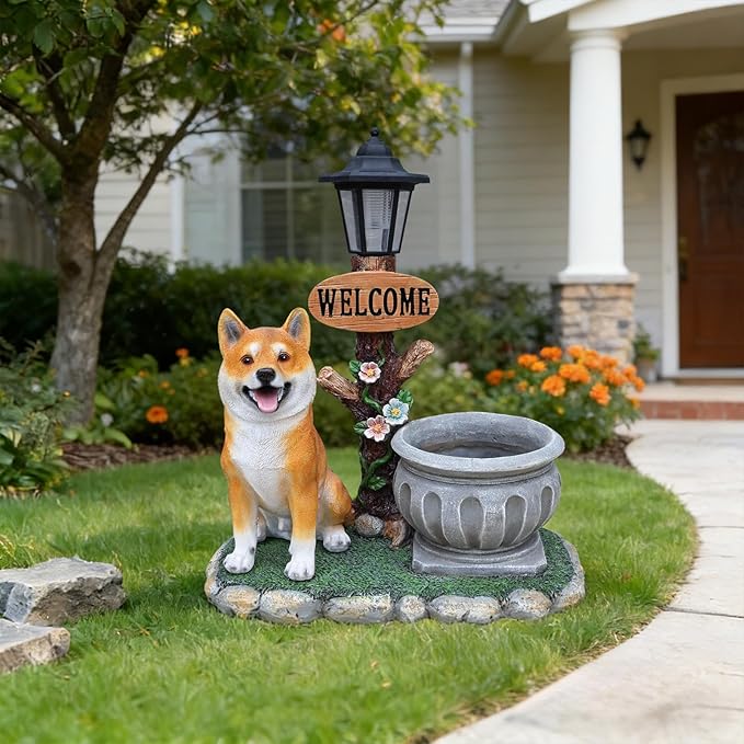 Solar Light Animal Outdoor Statue Planter with Welcome Sign, Resin Garden Sculpture Flower Pot for Patio Lawn Porch Yard Courtyard Decor, Weather-Resistant Decorative Figurine Accent (J)