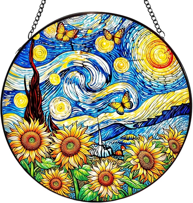 Sunflower Starry Sky Stained Glass Window Hanging,7.87inch Sun Catchers Glass Panel with Chain, Ornament for Home, Garden, Christmas, Mother’s Day, Housewarming Gifts for New Home, Festival Gift