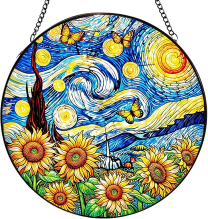 Sunflower Starry Sky Stained Glass Window Hanging,7.87inch Sun Catchers Glass Panel with Chain, Ornament for Home, Garden, Christmas, Mother’s Day, Housewarming Gifts for New Home, Festival Gift