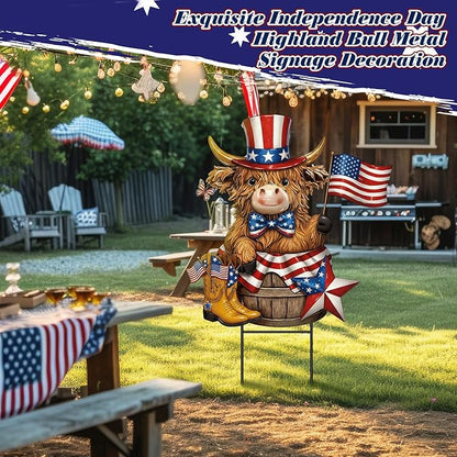Amyhill 4th of July Highland Cow Outdoor Decor Patriotic Star Metal Garden Stakes Decorative Red White Blue Calf Lovers Yard Signs with Stakes for Independence Day Memorial Day Garden Lawn Decorations