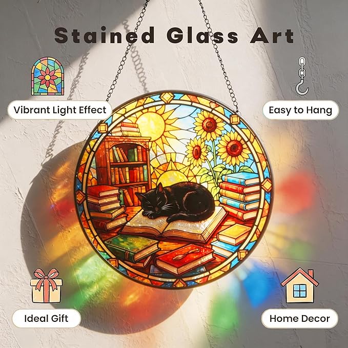 LITIVY Black Cat Suncatcher Stained Glass, Book Lovers Present, 8 Inch Handmade Colorful Library Theme Window Hanging Decor for Reading Nook, Sun Catcher Home Decor