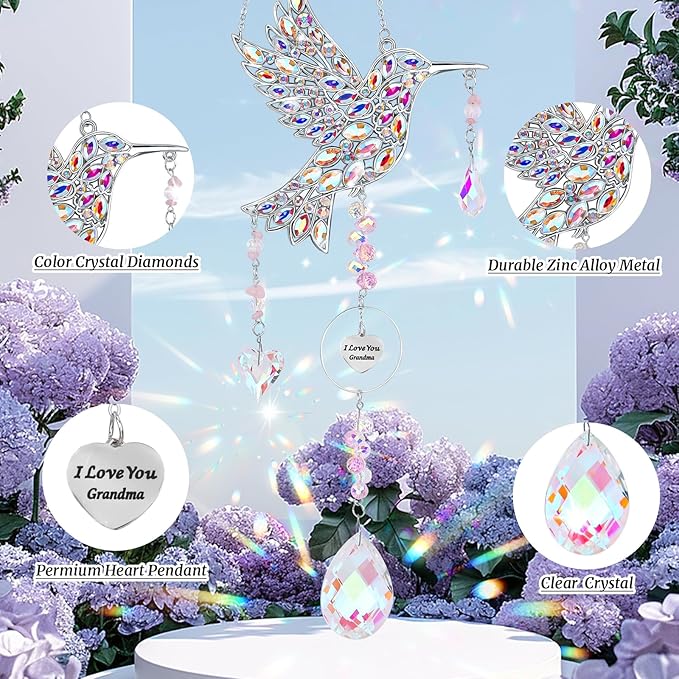 Gifts for Grandma, Hummingbird Gifts for Grandma, Nana, Grandmother, Mothers Day Birthday from Grandkids, Hanging Hummingbird Home Decor Sun Catchers Indoor Outside Decoration for Spring Garden