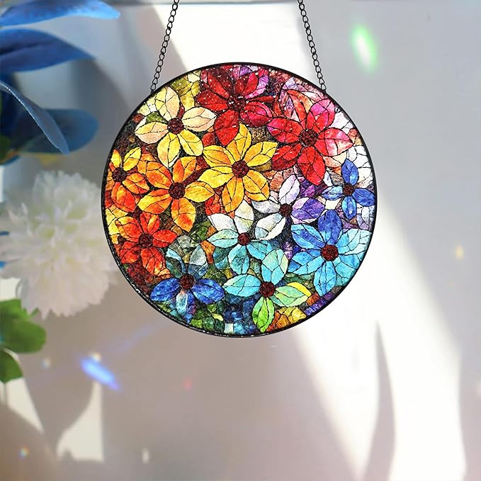 Bimkole Colorful Flower Stained Glass Suncatcher Window Hanging - Design for Indoor Window or Doorway Decoration - 7.87x7.87 inch with Chain and Hook - Unique Home Decor Gift