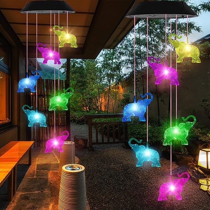 Elephant Solar Wind Chimes for Outside, Birthday Gifts for Mom Grandma, Waterproof LED Solar Powered Memorial Wind Chimes with 7 Color Changing for Garden Outdoor Yard Lawn Decor