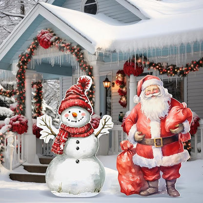 Pinkunn 2 Pcs Large Vintage Christmas Outdoor Decorations PVC Yard Snowman Santa Stake 28" Decorative Yard Stakes Windproof Waterproof for Xmas Farmhouse Lawn Garden Home Outside Decorations