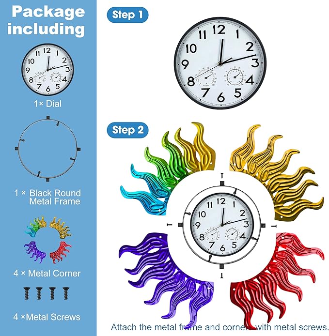 Garden Outdoor Clocks with Thermometer and Hygrometer Combo, Silent No-Ticking Outdoor Wall Rainbow Clocks, Waterproof Outdoor Clocks Vintage Copper Sun, 18.5 Inch