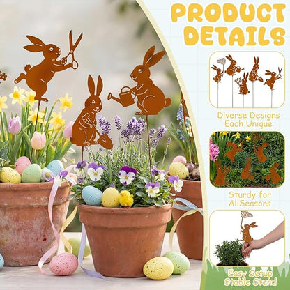 Leinuosen 5pcs Easter Bunny Garden Stakes 13 inch Metal Easter Yard Decor Rustic Rust Finish Outdoor Garden Stakes Bunny Silhouette Set for Lawn Planter Flower Pot Pathway Spring Decoration(Rusty)