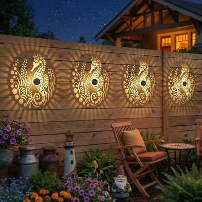 2 Pack Solar Fence Lights Outdoor Wall Lights Metal Solar Powered Deck Step Stair Lights Seahorse Theme Waterproof Fence Solar Light for Garden Post Patio Yard Decor, Gardening Gifts for Women Mom