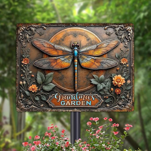 Custom Garden Signs Personalized Metal Tin Sign for Women, Retro Dragonfly Metal Sign for Outdoor, Patio, Yard Rustic Home Decor Gift for Mothers Day, Grandmas, and Gardening Lovers