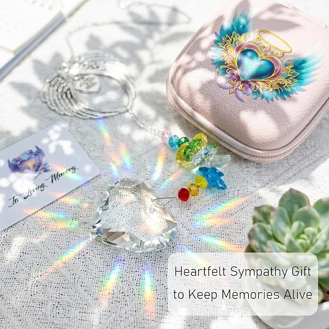Crystal Angel Wings Suncatcher - A Piece of My Heart is in Heaven Memorial Gift for Women, Sympathy Bereavement Gift for Loss of Loved One, Remembrance Window Decor