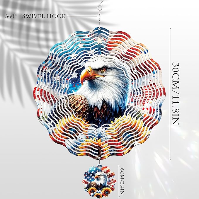 American Eagle Wind Spinner - 3D Stainless Steel Wind Spinners Outdoor Patriotic Decor Kinetic Spinning Decoration 12 Inch 250 Anniversary Hanging Ornaments for Patio Lawn Garden Yard Balcony
