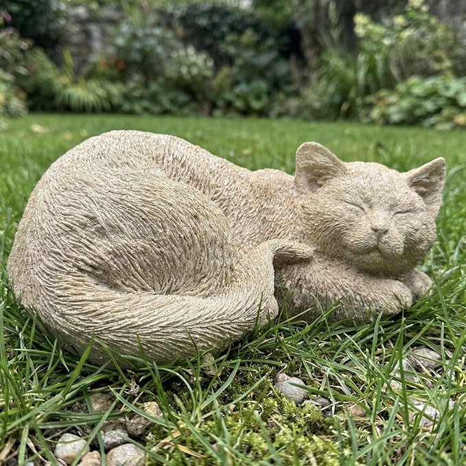 Elenon Cat Garden Statue Decorative for Yard, Beige Sleeping Cat Figurines Home Lawn Decor, Patio Kitten Tuxedo Statues Pets Memorial Ornament for Cat Lovers