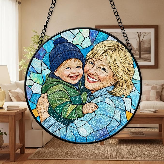 Personalized Grandma Stained Glass Sun Catcher, Custom Photo Window Hanging, Personalized Stained Glass, Gift for Grandma, Grandparents, Christmas, Birthday, Keepsake, Christmas Ornament, P4