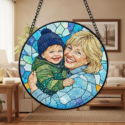 Personalized Grandma Stained Glass Sun Catcher, Custom Photo Window Hanging, Personalized Stained Glass, Gift for Grandma, Grandparents, Christmas, Birthday, Keepsake, Christmas Ornament, P4