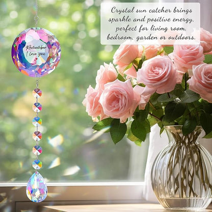Remember I Love You Crystal Sun Catcher - 22 Inch Hanging Prism Ornament, K9 Crystal Rainbow Decor for Window Garden, Ideal Gifts for Mom Wife Girlfriend on Christmas Birthday Anniversary