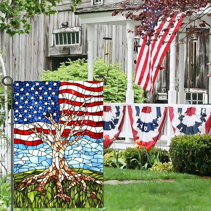 Patriotic American Garden Flag Stained Glass Tree Life Yard Flags for Outside 12x18 Double Sided Small 250 Anniversary USA 4th of July Independence Memorial Day Decor
