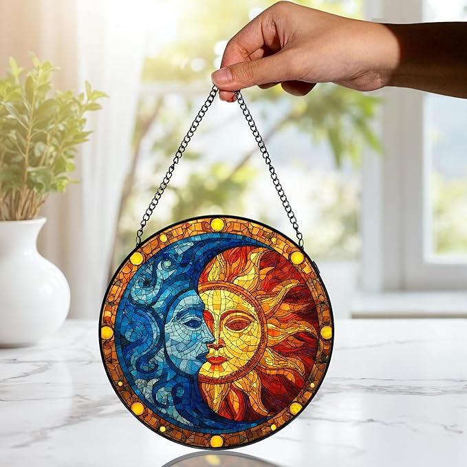 Sun and Moon Stained Glass Window Hanging, Celestial Sun and Moon Suncatchers Indoor Window Glass Wall Art Decorations, Celestial Decor Round Wall Hanging Decor, 7.9x7.9in
