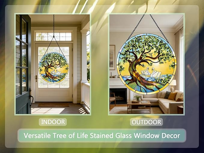 Stained Glass Window Hangings, Tree of Life with Hummingbird Suncatchers for Window, Treasured Gift for Mom, Grandma, Family and Friends (Tree of Life with Geese, 6.7x6.7 in)