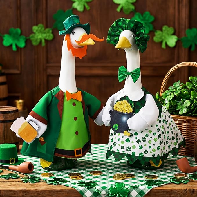 Abbylike 2 Sets St Patrick's Day Porch Goose Outfit Lucky Leprechaun Shamrock Goose Clothes Costume with Mini Black Candy Cauldron Clover for 23" Statue Saint Patty's Day Outdoor Patio Yard Lawn Decor